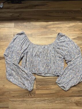Final Touch Light Blue Floral Off-Shoulder Smocked Crop Top NWOT